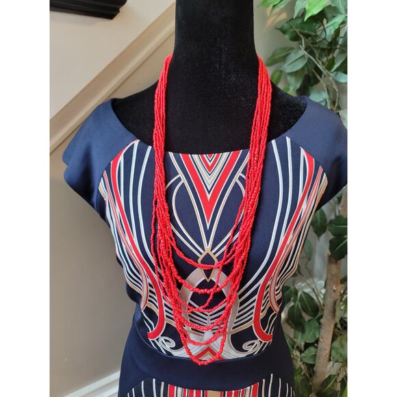 Sandra Darren Dress Womens 12 Navy Red Geometric Sheath Career Party Lined - Picture 5 of 12